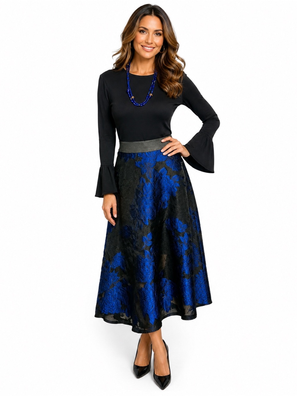 NWT NY & Co SZ 4 black/blue floral brocade lace midi skirt/concealed side zip